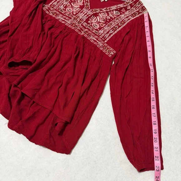 Knox Rose Embroidered V-neck Top Long Sleeves Boho Peasant Size Small Deep Red B - Picture 11 of 11